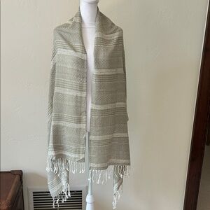 Silky Soft Cotton Cambodian Crafted Beige Striped Fringe Shawl NWOT